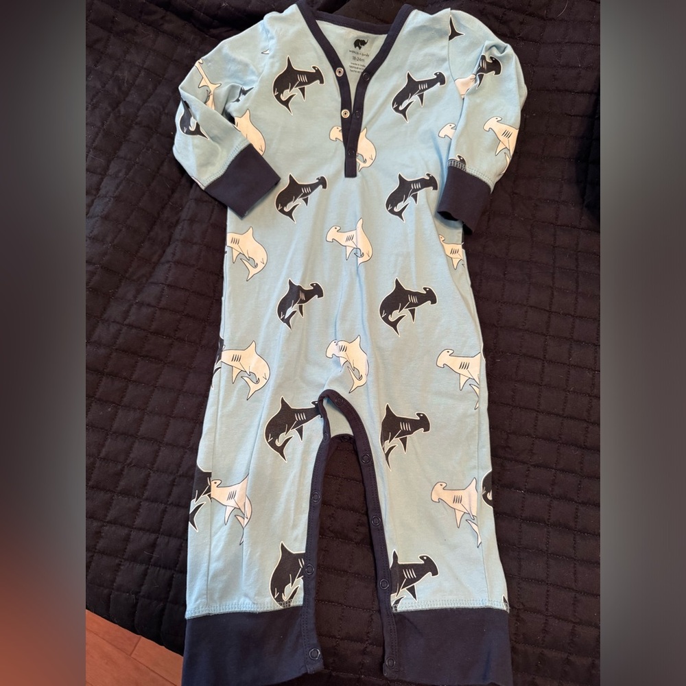 Monica + Andy blue shark long sleeve/pant romper (18-24m)